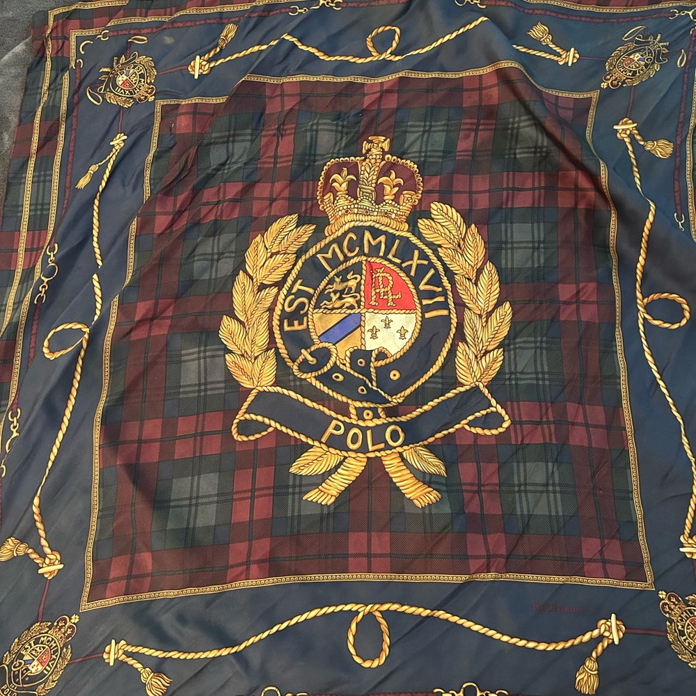 VINTAGE Polo by Ralph Lauren Tartan Emblem Scarf in Navy and Gold